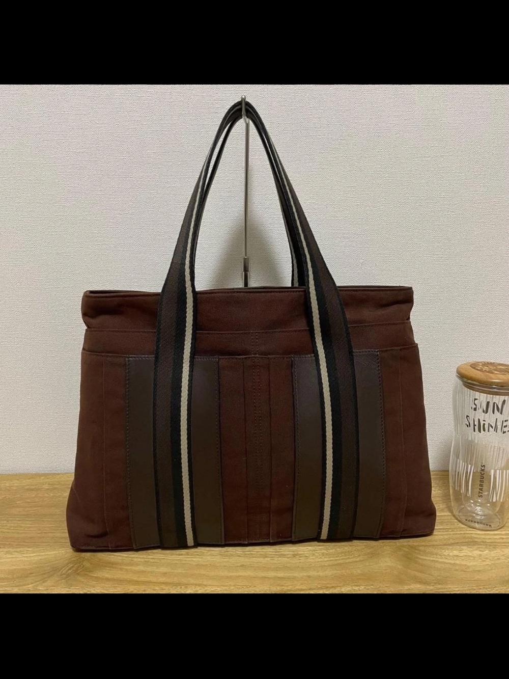 Hermes Brown Canvas Messenger Tote with Striped Webbing Handles